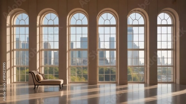 Fototapeta Elegant chaise lounge in a grand room with arched windows overlooking a cityscape