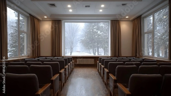 Fototapeta An empty auditorium with large showing a snowy winter landscape outside