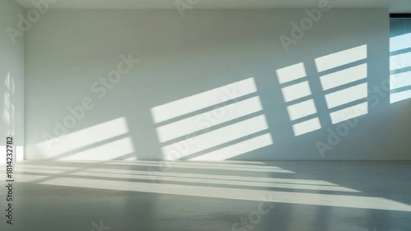 Obraz Sunlight streaming through window blinds casting geometric shadows on a clean white wall and floor