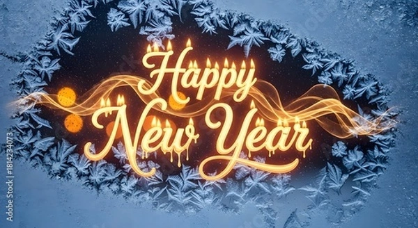 Obraz A festive happy new year greeting card with frost and glowing text effect