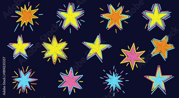 Obraz Colorful Stars Hand-Drawn Seamless Pattern on Dark Background Festive Celebration