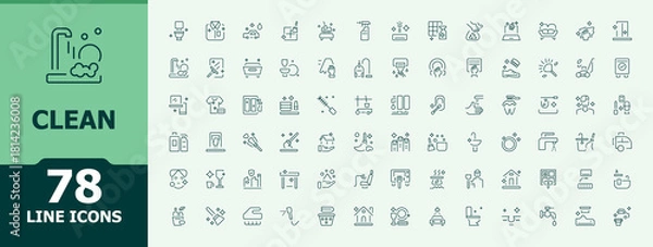 Fototapeta Clean line icon set. Contains such icons as house cleaning, wash, cleaning, hygiene, cleaner, cleaning and more. Modern thin line style icons. Editable stroke. Housekeeping line icon set.