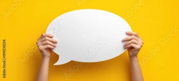 Obraz The speech bubble held by hands on vibrant yellow background for messaging