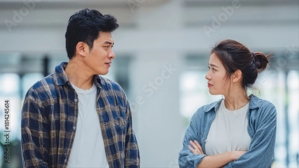 Obraz A couple engaged in a serious and emotional conversation, their expressions and body language reflecting tension and unresolved conflict.