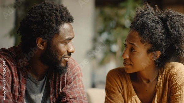 Obraz A couple engaged in a serious and emotional conversation, their expressions and body language reflecting tension and unresolved conflict.