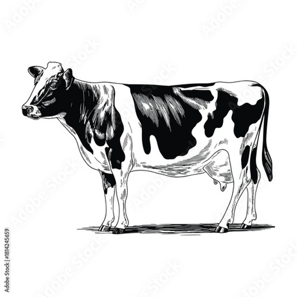 Fototapeta Detailed black and white ink sketch of a holstein friesian dairy cow standing in profile with a textured farm field background