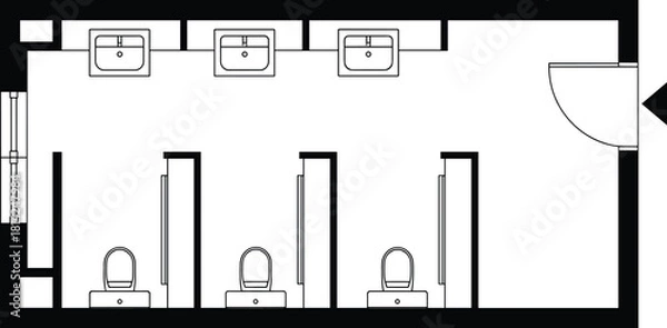 Fototapeta Public restroom floor plan, three toilet stalls, sink layout, entrance door, architectural drawing, facility design, spatial planning, flat vector blueprint, flavector