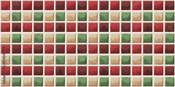 Obraz Christmas block tiles texture with water stains - red green beige seamless pattern background