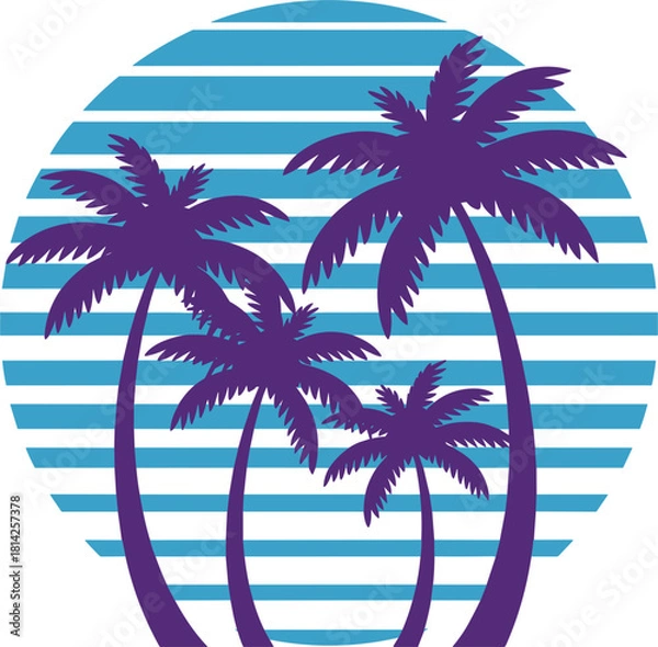 Obraz Retro 80s vaporwave palm tree silhouettes and striped sun circle vector, vintage tropical beach sunset aesthetic, synthwave and Miami Vice graphic