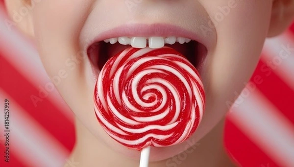 Obraz Close-up of a girl’s open mouth with a shiny red spiral lollipop, teeth and pink tongue visible, set against a blurred pink-red background. Playful and sweet.