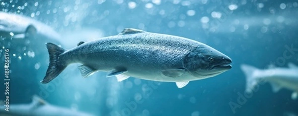 Obraz The Salmon Swimming Gracefully Through Clear Blue Underwater Aquarium With Soft Lighting