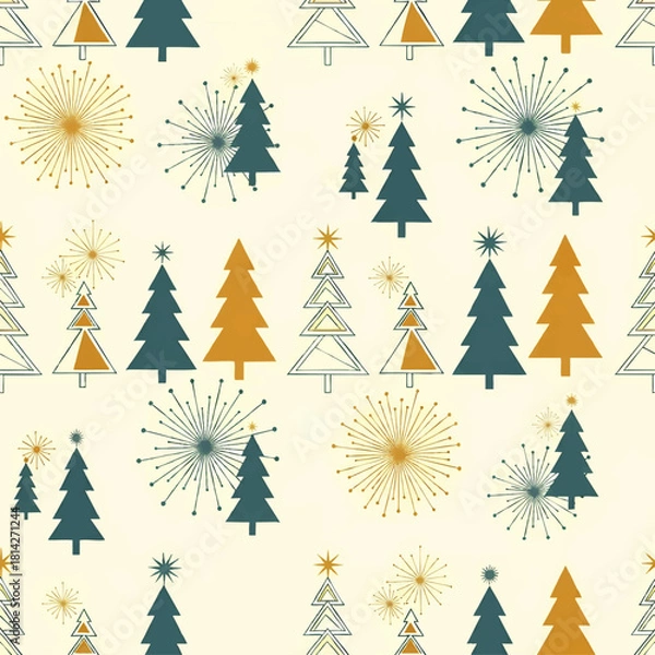 Obraz Seamless festive pattern featuring stylized Christmas trees in teal, gold, and white, interspersed with golden starbursts on an off-white background.