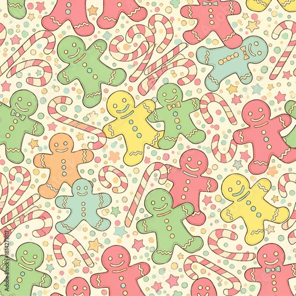 Obraz Festive and colorful repeating pattern featuring gingerbread men and candy canes.
