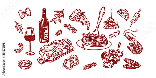 Fototapeta Hand drawn crayon food illustration. Sketch style lunch or dinner, mediterranean. Vector of wine, charcuterie, spaghetti illustrations for invitations, menus, parties. La dolce vita italian style