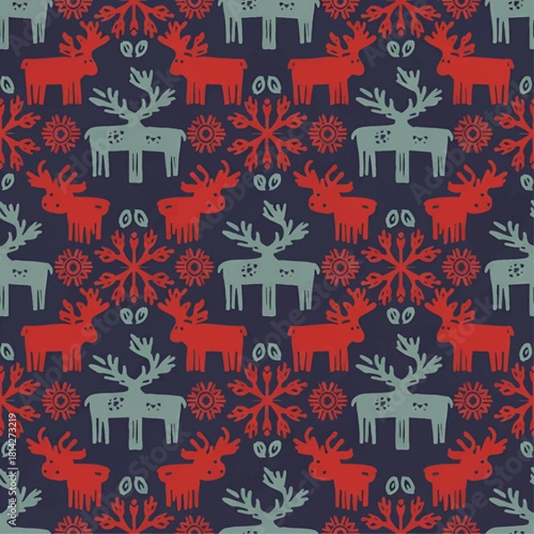Fototapeta Repeating pattern featuring stylized reindeer and snowflake-like floral elements on a dark blue background.
