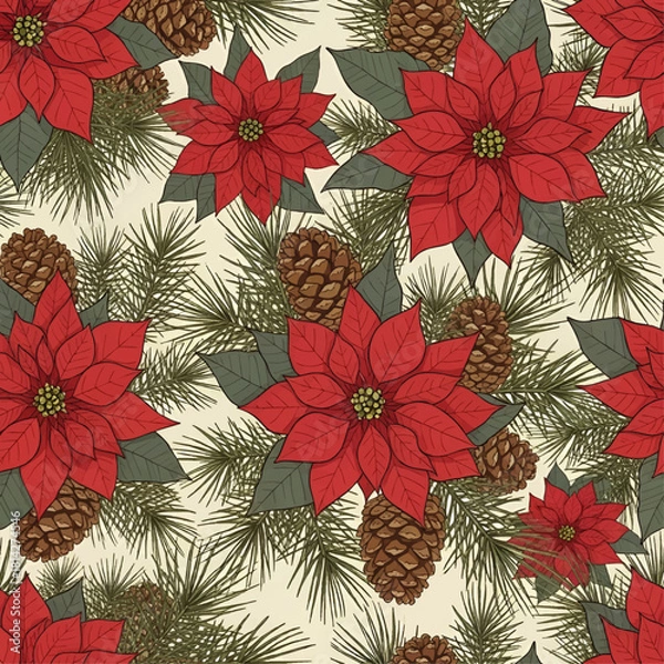 Fototapeta Festive illustration of red poinsettias, pine needles, and pinecones, creating a seasonal pattern.
