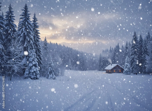 Fototapeta A warm cabin glows softly in a quiet snowy clearing, surrounded by tall pines as gentle snow falls across the peaceful winter landscape.