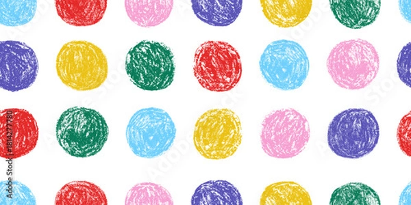 Obraz Seamless pattern with multicolored round shapes, hand drawn circles with wax crayon texture. Naive childish polka dot vector illustration, funny geometric print isolated on transparent background