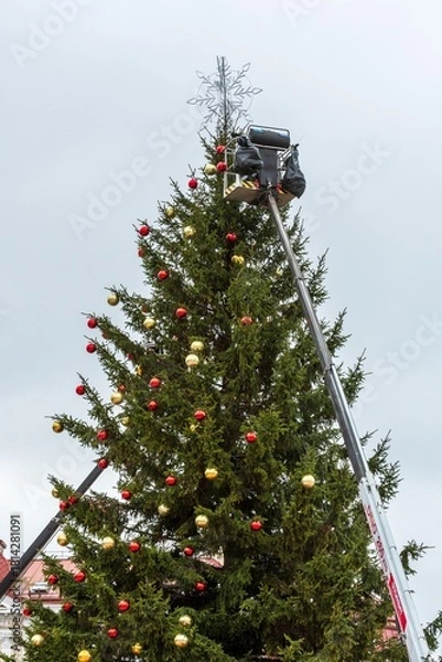 Fototapeta Workers decoration the Christmas tree with baubles in Cathedral square in Vilnius, Lithuania