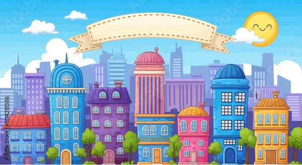 Obraz Cartoon city illustration with colorful buildings, banner and smiling sun character