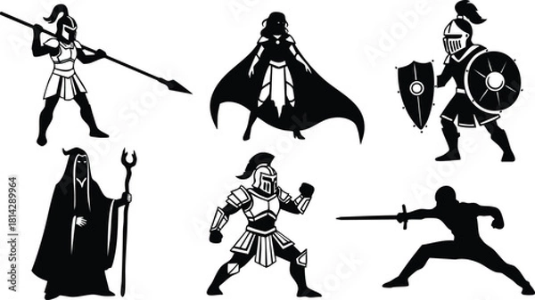 Fototapeta Medieval warriors and knights in various armor styles and poses vector illustration for fantasy and historical themes