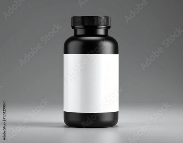 Obraz "Blank Canvas of Wellness: Black Bottle with White Label on Reflective Surface"