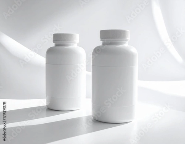 Obraz "Twin Purity: Minimalist White Bottles for Supplements, Vitamins, or Skincare Packaging"