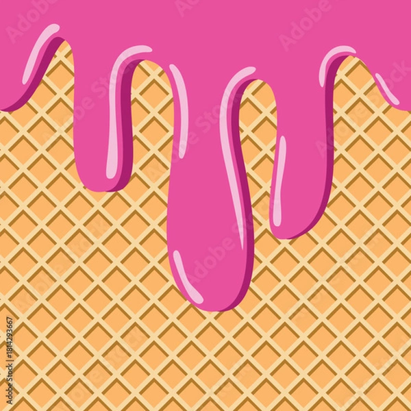 Obraz Pink Ice Cream Drip on Waffle Texture Background