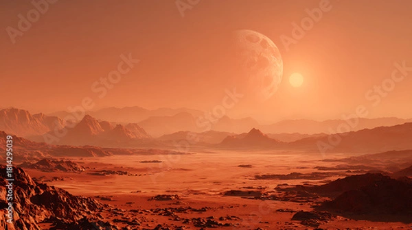 Obraz Vast alien landscape with rocky terrain distant mountains and celestial bodies in orange sky red planet