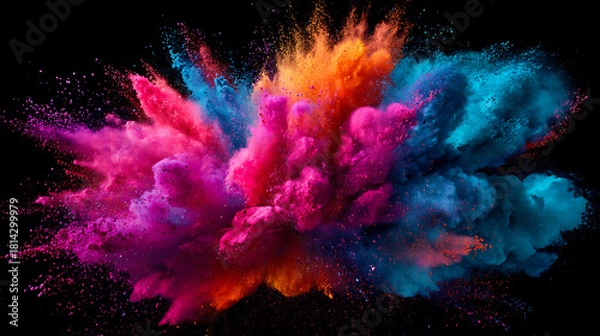Obraz Vibrant explosion of pink blue orange powder clouds against black powder explosion color splash