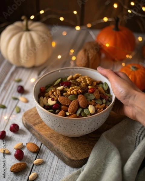 Fototapeta Hand Holding Bowl of Trail Mix with Pumpkins and String Lights