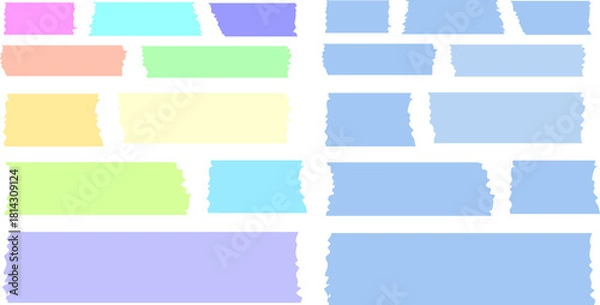Fototapeta Set of blank colorful scotch tape strips with rough edges and transparent background for design projects. Cute vector masking tape collection, washi tape borders, sticky notes, and artistic scrapbook 