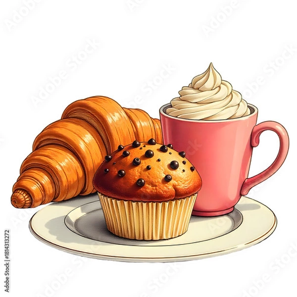 Fototapeta Delicious breakfast pastry assortment with a croissant, chocolate chip muffin, and whipped cream coffee. (Transparent Background)