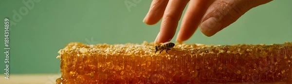 Obraz Honeycomb close-up with a bee crawling on the golden surface while a human hand gently touches the comb. Warm lighting highlights the texture and natural sweetness in a clean, minimal setting.
