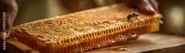 Obraz Honeycomb close-up with a bee crawling on the golden surface while a human hand gently touches the comb. Warm lighting highlights the texture and natural sweetness in a clean, minimal setting.