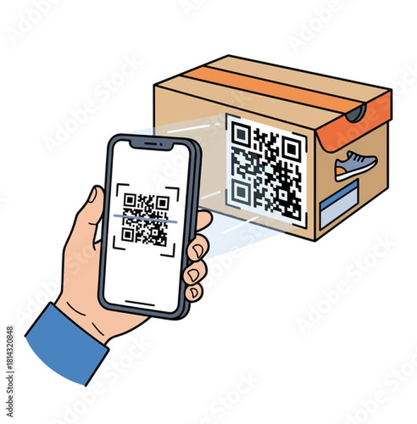 Obraz Hand Scanning QR Code on Shoe Box Vector Illustration