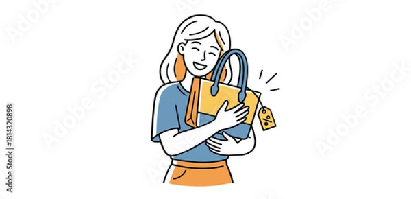 Obraz Woman Joyfully Hugging New Handbag Vector Illustration