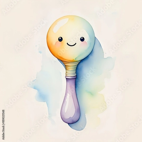 Fototapeta Soft and colorful kawaii watercolor illustration of a baby rattle with a smiling face, gentle pastel palette, perfect for nursery prints, baby shower designs, children’s books