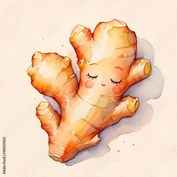 Fototapeta Cute watercolor illustration of a ginger root in kawaii style. The ginger character has a smiling face, rosy cheeks, and soft pastel colors, making it perfect for children’s books