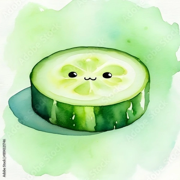 Fototapeta Kawaii watercolor illustration of a cucumber slice with a cute face. Fresh green tones, soft textures, and a clean white background make this artwork perfect for kids’ flashcards
