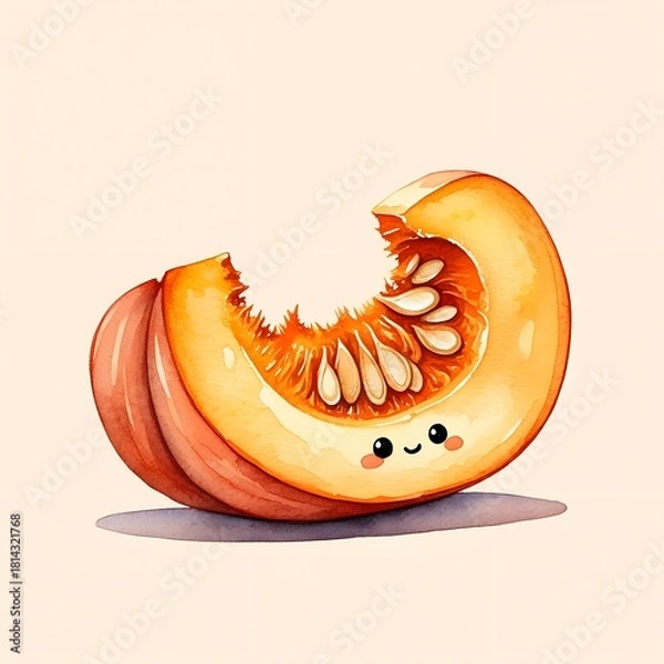 Fototapeta Charming kawaii-style watercolor illustration of a pumpkin slice with a cute smiling face. Warm orange tones and soft painted textures make it great for children’s educational materials