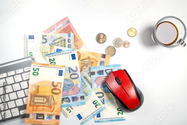 Obraz computer mouse with euro banknotes and keyboard on desk