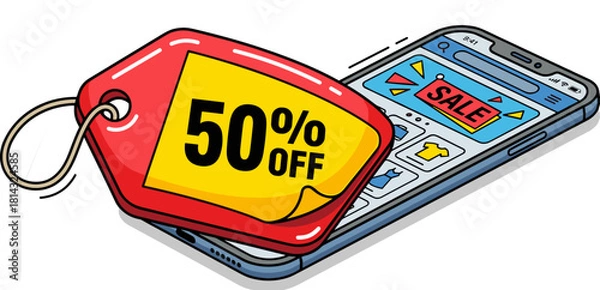 Obraz Vector illustration of a smartphone with a large discount percentage tag