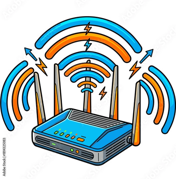 Obraz Vector illustration of a WiFi modem with strong signal symbols