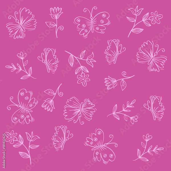 Fototapeta Doodle flower and butterflies pattern