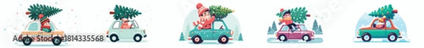 Fototapeta man driving a car carrying a Christmas tree