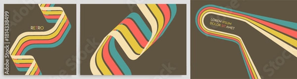 Fototapeta A retro 1970s-style background. Colorful lines. Abstract, dynamic curved ribbons. Designed for posters or banners for sports competitions and races. A collection of vector illustrations.