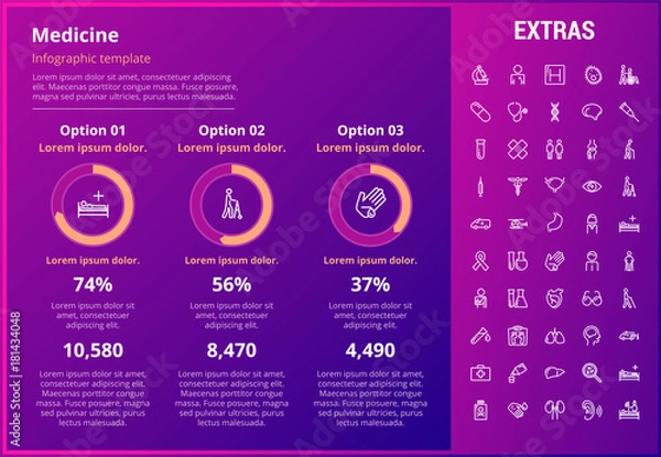Fototapeta Medicine infographic template, elements and icons. Infograph includes customizable graphs, options, line icon set with medical stethoscope, disable person, hospital doctor, nurse, first aid kit etc.
