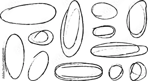 Fototapeta Hand drawn crayon ovals and circles. Ellipses pencil doodle style set. Red round rough thin frames. Round freehand shapes, emphasis highlights. Vector elements for hand drawn diagrams