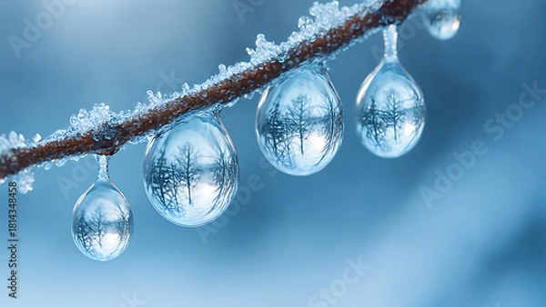 Fototapeta Macro close-up of frozen water droplets hanging from a frosted twig reflecting a winter forest landscape